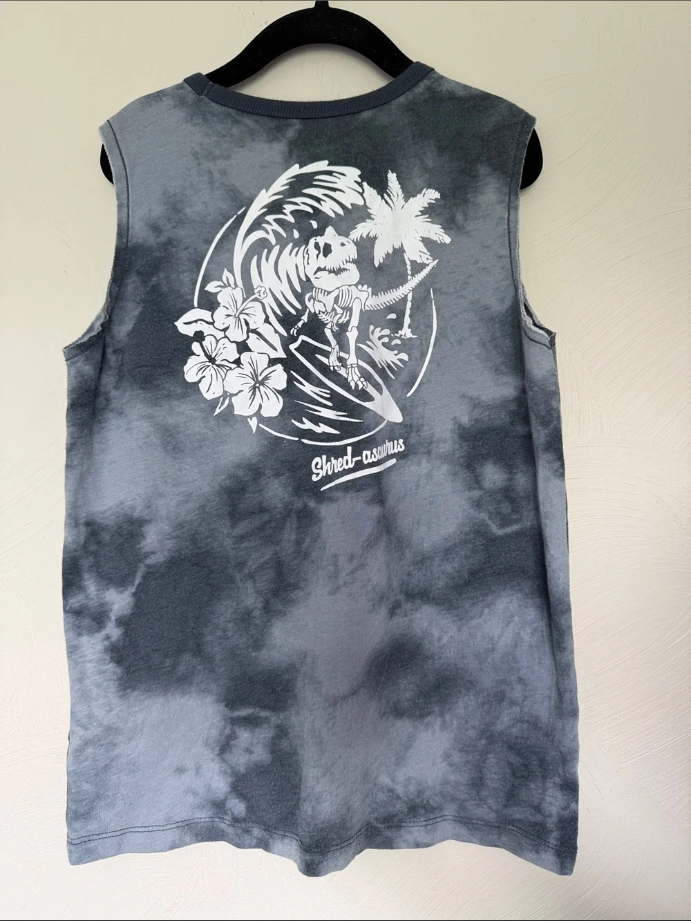 OshKosh Kids Gray Blue Tie-Dye Tank with Surf Dinosaur Graphic